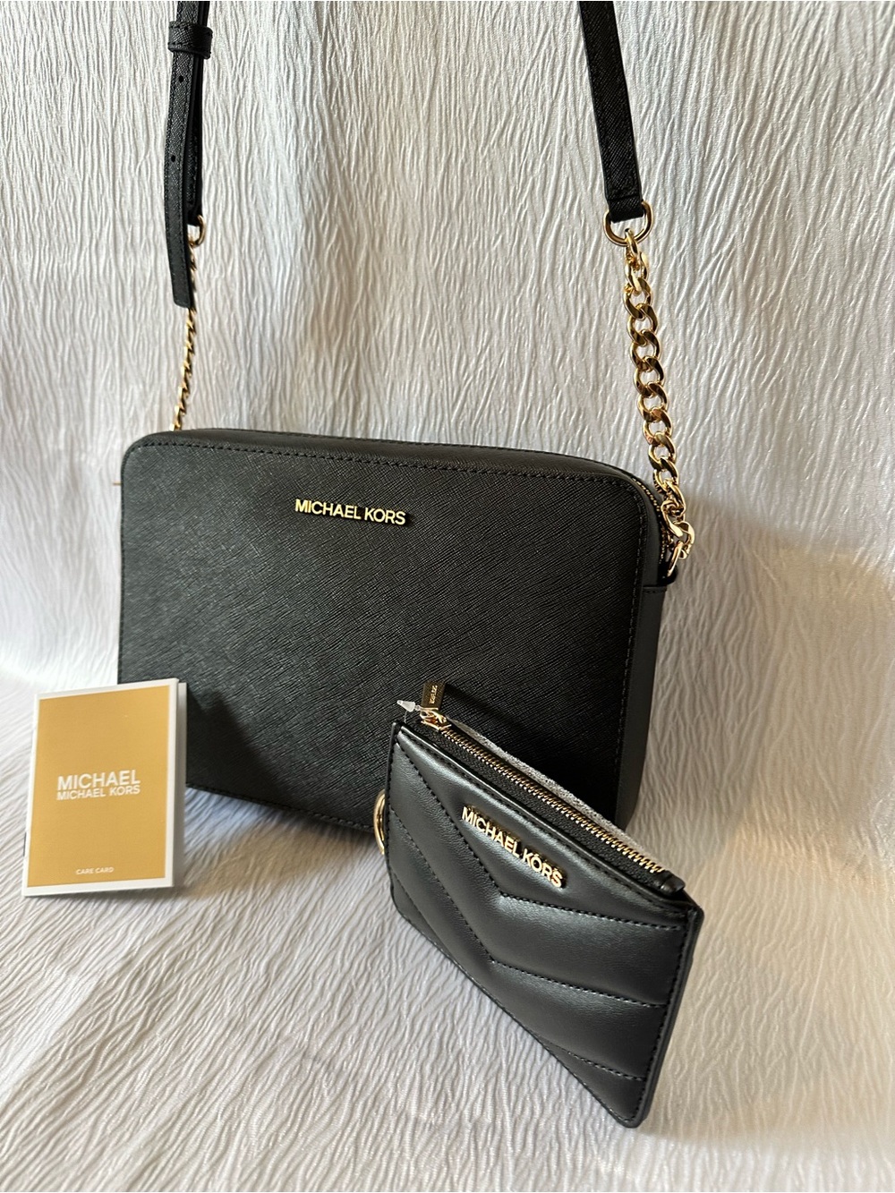 Michael Kors Black Crossbody Bag with Gold Chain Strap and Matching Card Pouch